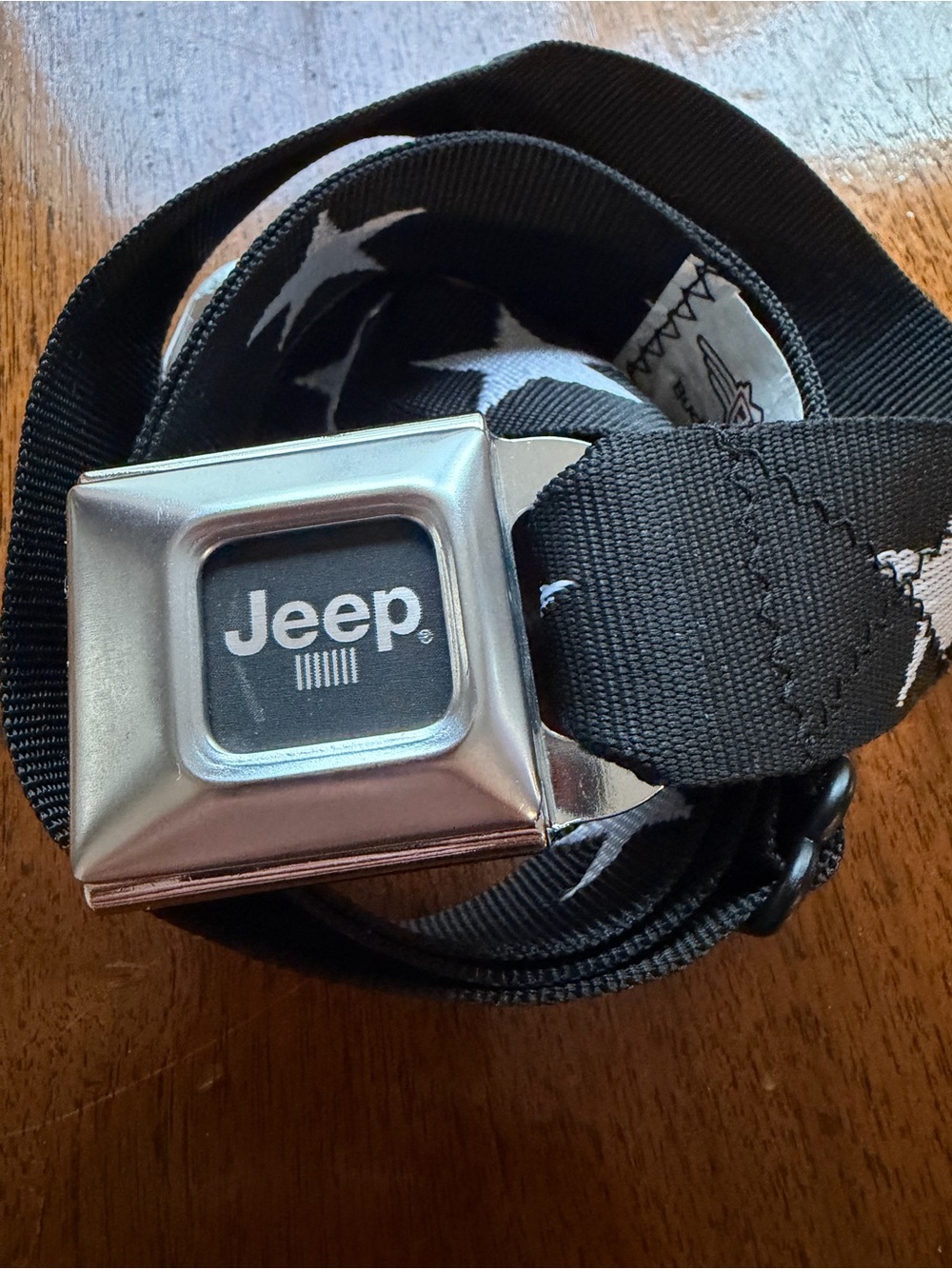 Jeep Black and White Star Web Belt with Silver Buckle / Size up to 34” waist